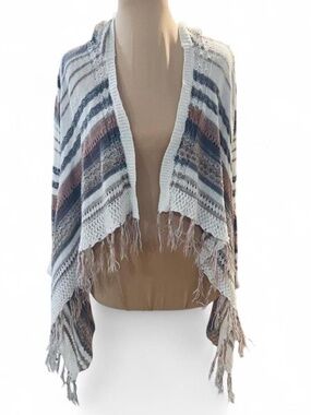 Boho Hi/Lo Striped Open Front Cardigan with Fringe and Hood - Size Small